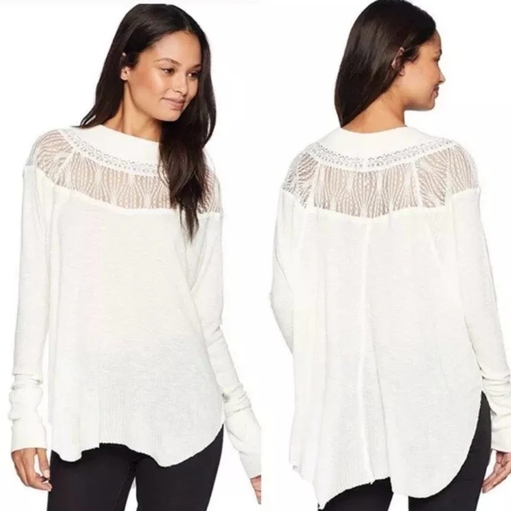Free People Spring Valley Top Size Small Boho Hippie Waffle Lace Turtleneck